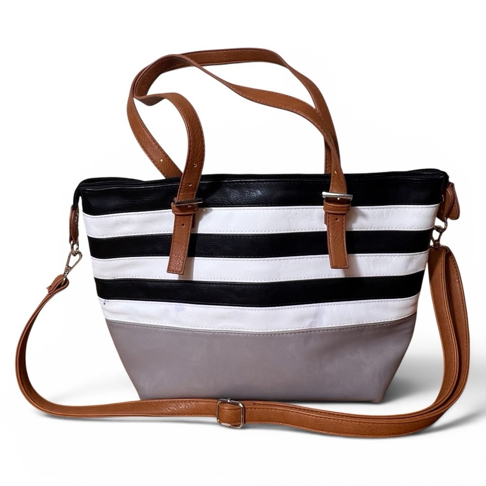 K&Bo London Womens 3-in-1 Convertible Tote Bag Black Stripe Gray Crossbody Tote